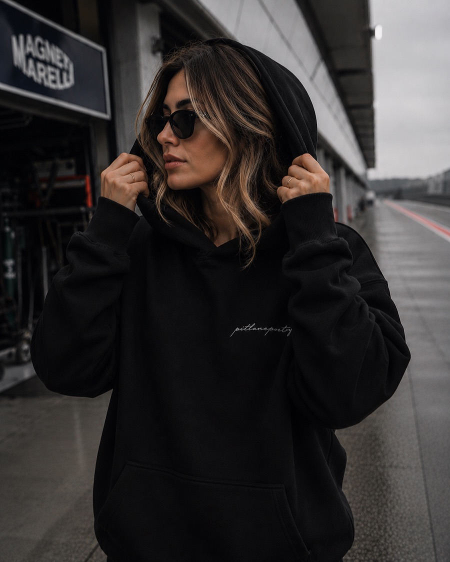 DROP 001 hoodie, front with the pitlanepoetry script