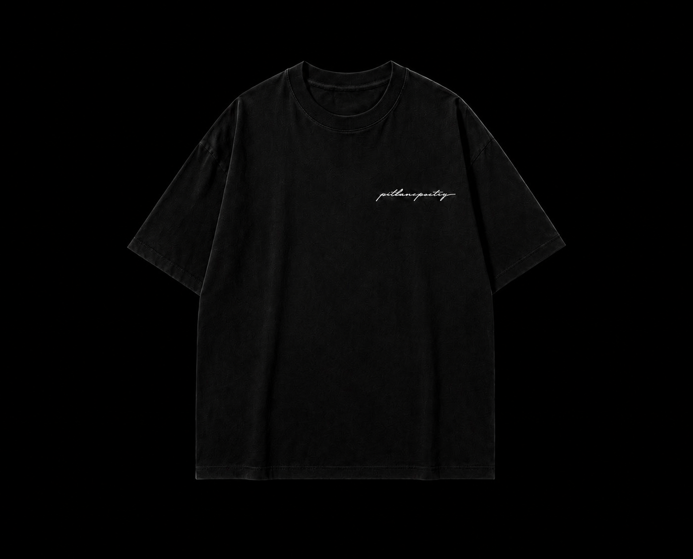 PITLANEPOETRY DROP 001 T-Shirt — pitlanepoetry script on chest, flat-lay